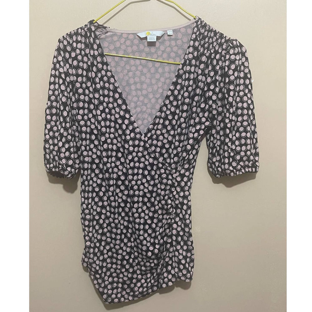 Boden Womens Faux Wrap Blouse Polka‎ Dotted Size 4 Short Sleeves
